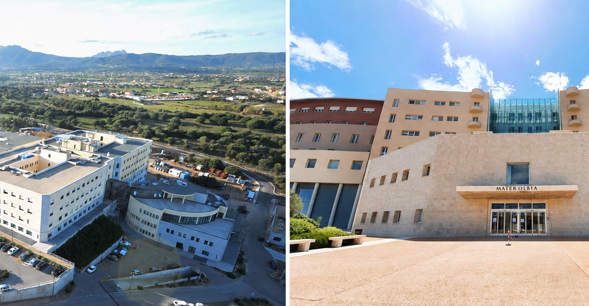 L’Ospedale Giovanni Paolo II di Olbia dall’alto e il Mater Olbia Hospital con vista frontale